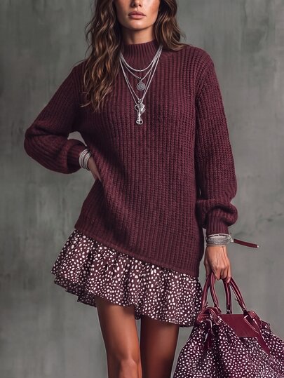 Solivie Women's High Neck Sweater Dress, Deep Burgundy, Hemline Patchwork Woven Polka Dot Print Autumn Clothes Winter Clothes  Polka Dot Dress Ruffle Dress