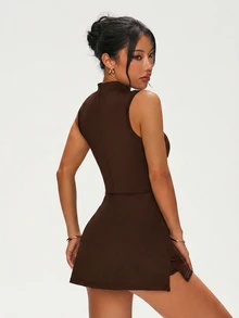 SHEIN Dewbera Women's Solid Color Casual Daily Travel Sports Dress - Brown - View 2