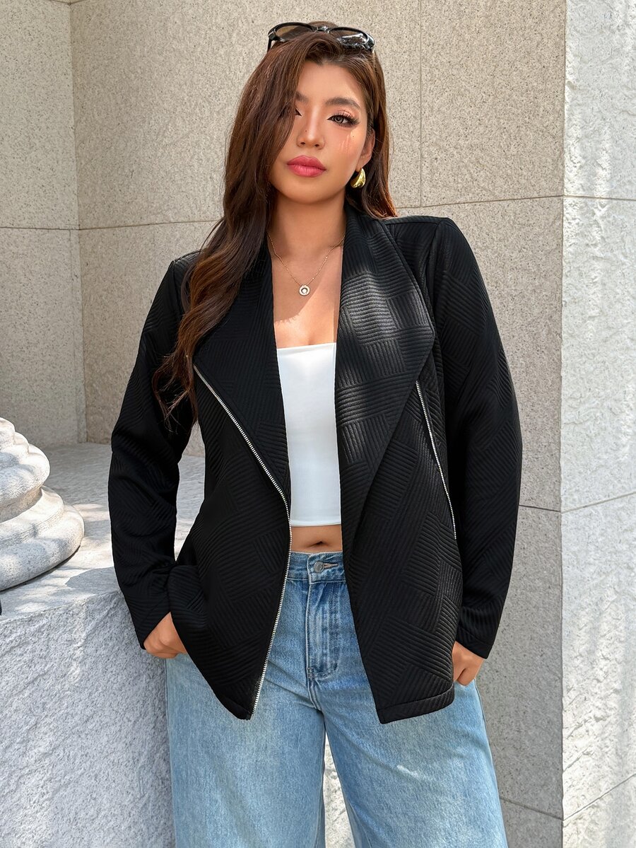 Easura Autumn Casual Textured Plus Size Jacket Fall - Black - View 1