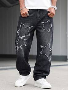 Manfinity EMRG 美式街頭風中性拼接刺繡毛邊牛仔褲 - 黑色 - 查看 4