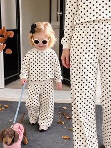 Baby Girl Vintage Cute Dopamine Black & White Contrast Polka Dot Soft Thick Long Sleeve Crew Neck Pullover Sweatshirt & Wide Leg Pants Set, Suitable For Autumn/Winter, Korean Style, Casual Comfortable, Fashion Kids Wear, Y2K, Vacation Comfort - Multicolor - View 2