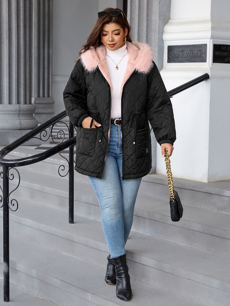 Chikora Plus Size Women's Thermal Lined Plush Patchwork Casual Versatile Winter Hooded Padded Coat - Blue and White - View 6