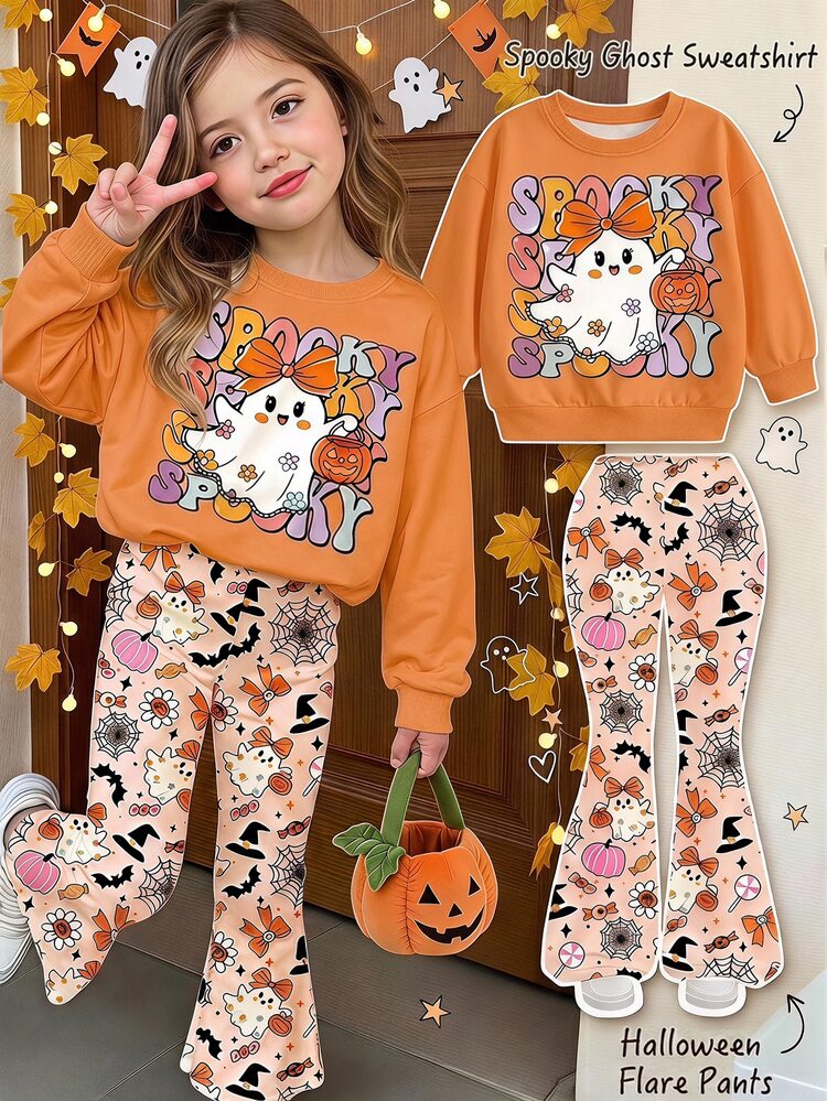 Cute Sweet Orange Halloween Little Ghost Pumpkin Ghost Print, Bow Candy Floral, Young Girl Casual Simple Loose Crew Neck Long Sleeve Sweatshirt Flare Pants 2 Pieces Set Suitable For Autumn/Winter, Quirky Cute, Young Girls Halloween Graphic - Multicolor - View 1