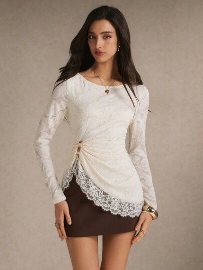 Poéselle Ivory Floral Lace Jacquard Ruched Long Sleeve Top For Women, Soft Slim Fit Asymmetrical Hem Coquette Going Out Blouse For Date Night And Fall
