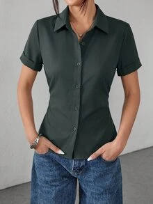 SHEIN PETITE Women's Solid Color Casual Versatile Daily Wear Shirt - Dark Grey - View 1