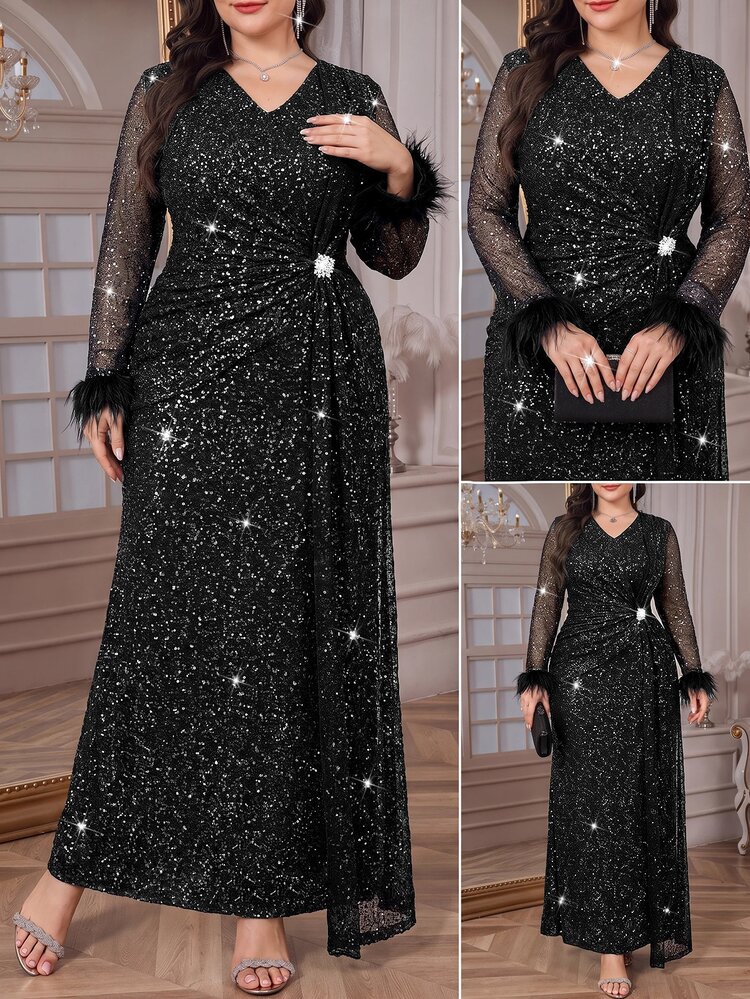 Reflora Plus Size Elegant Party Sequin Dress - Black - View 8