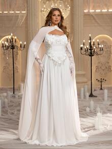 Elitara Plus Size Elegant Romantic Glamorous Sequin 3D Floral Applique Strapless Corset Cape Lace Long Sleeve 2 In 1 Ruched A-Line Wedding Gown For Events - White - View 7