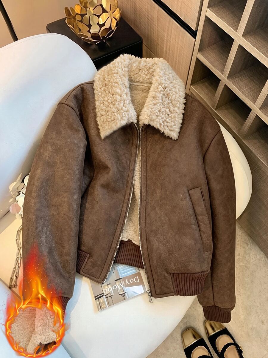 SHEIN Elladie kids Tween女孩黑色拉鍊翻領羅紋袖口街頭風酷感百搭機車PU皮革寬鬆夾克 秋冬穿搭 - 棕色 - 查看 1