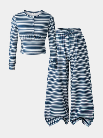 Tween Girls Striped Long Sleeve T-Shirt And Pants Set, Casual, Minimalist, Loose, Knit, Back To School, Flare, Fall Clothes, Halloween, School