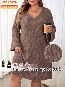 SHEIN CURVE+ Plus Size Women's Sweater Dress With Pockets, Suitable For Autumn/Winter - Brown - View 1