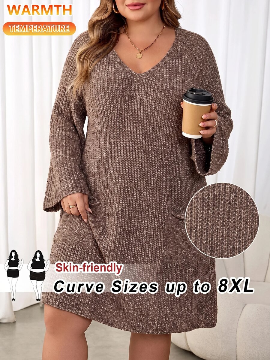 SHEIN CURVE+ Plus Size Women's Sweater Dress With Pockets, Suitable For Autumn/Winter - Brown - View 1