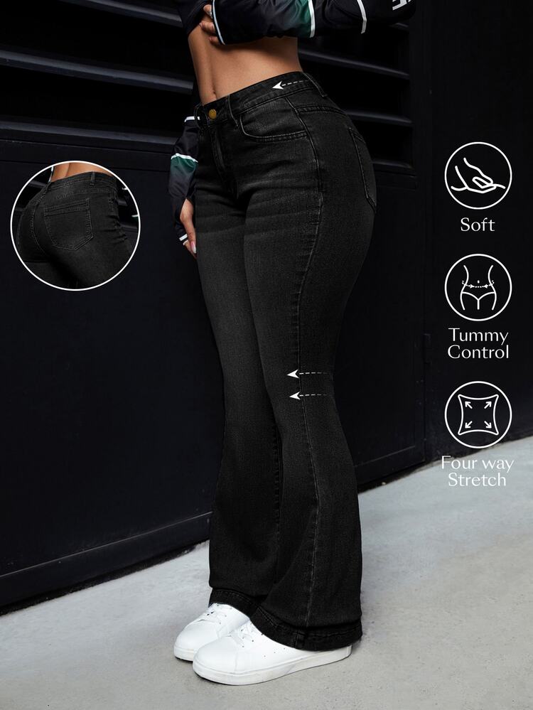 Flexra Plus Size Women's Casual Versatile Flare Leg Jeans With Pockets - Black - View 7