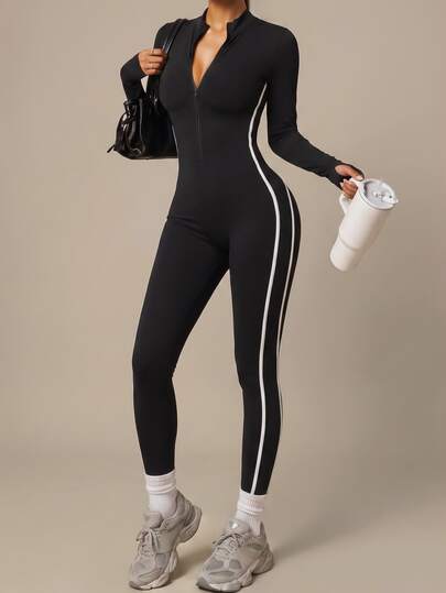 SHEIN BAE Jumpsuit Olahraga Kasual Wanita Motif Blok Warna untuk Perjalanan Sehari-hari