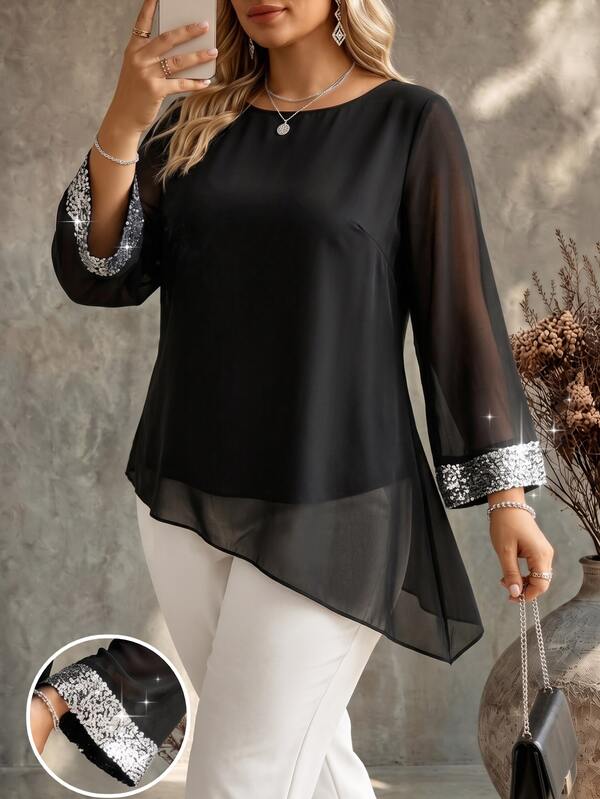 Ceyna Camicetta casual versatile con patchwork in rete per donna taglie forti