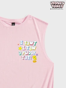 LOONEY TUNES X SHEIN Manfinity Joysei 男士字母卡通印花上衣，適合日常休閒穿著，情侶穿搭 - 粉色 - 查看 4