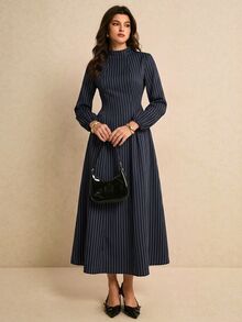 Poéselle Women's Striped Casual Party Long Dress,Suitable For The Office Or Teachers' Day.Winter Dress - Navy Blue - View 2