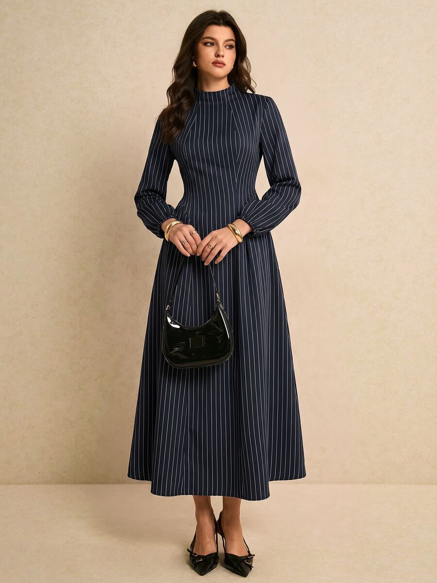 Poéselle Women's Striped Casual Party Long Dress,Suitable For The Office Or Teachers' Day.Winter Dress