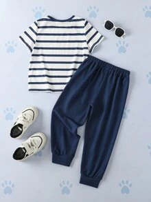 SHEIN | PAW Patrol Young Boy Striped Cartoon Print T-Shirt And Long Pants Set - Navy Blue - View 2