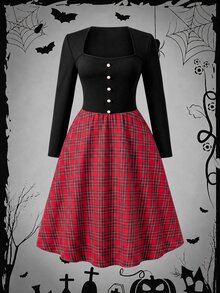 Rometta Plus Size Plaid Patchwork Waist Design Flared Dress Fall - Multicolor - View 1