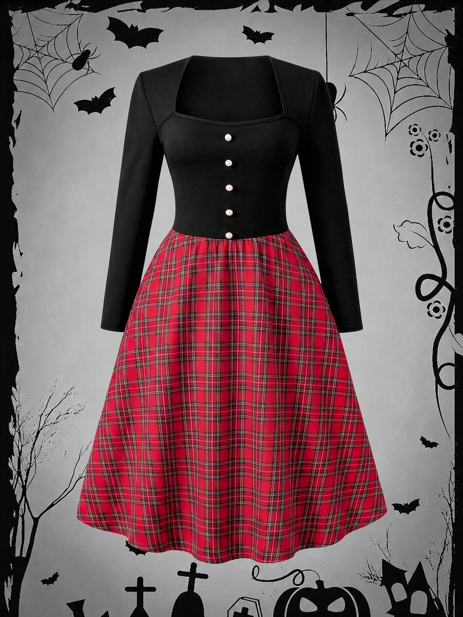 Rometta Plus Size Plaid Patchwork Waist Design Flared Dress Fall - Multicolor - View 1