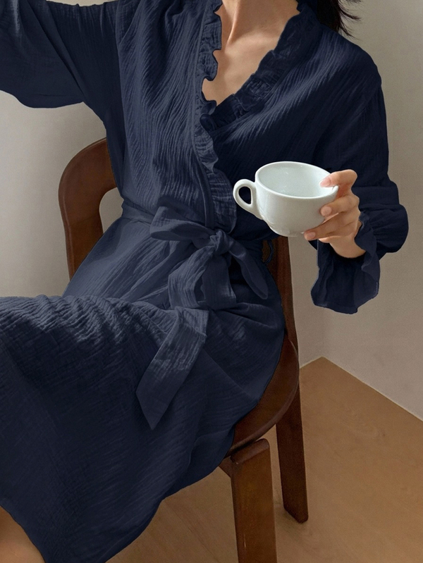 DAZY Romantic Ruffle Trim Long Lapel Robe Women's Loungewear