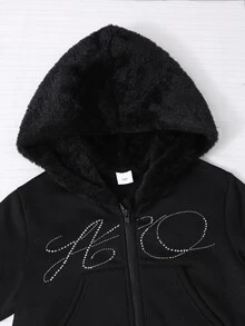 SHEIN 女童短版拉鍊連帽衛衣，秋季服飾，帽緣與袖口飾毛邊，胸前水鑽印花，修身長袖短版夾克 - 黑色 - 查看 4