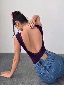 Firerie 女款蕾絲拼接露背休閒百搭日常穿著連身衣 - 紫色 - 查看 7