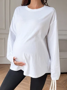 Dazy Maternity Atasan Lengan Panjang Longgar Warna Polos Kasual untuk Sehari-hari, Pakaian Jalanan, Liburan, Musim Semi, Musim Gugur, dan Ibu Hamil - Putih - View 3