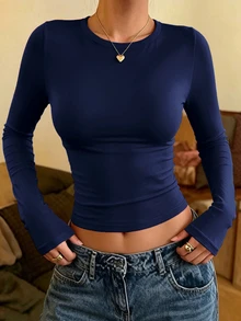 INAWLY Solva 女款純色圓領長袖修身休閒百搭T恤 - 藏蓝色 - 查看 2