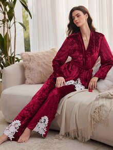 Moireta French Elegant Mature Velvet Long Sleeve Long Pants Women's Pajama Set - Burgundy - View 6