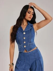 Rivivi Women's Sleeveless Denim Vest Jacket - Medium Wash - View 5