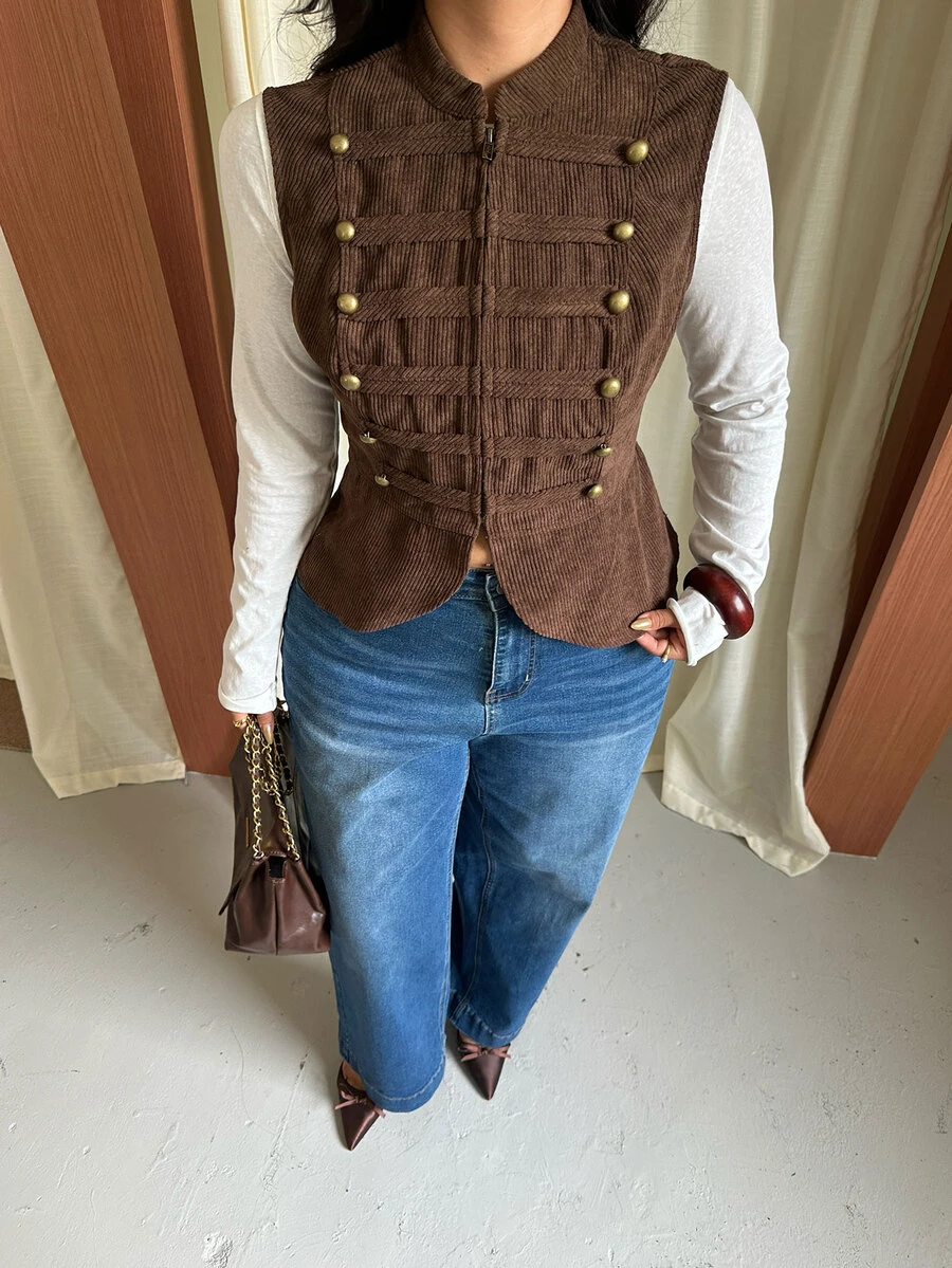 GalTyme Plus Size Women's Zipper Front Button Design Napoleon Vest Jacket - Brown - View 1