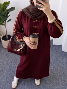 Solavon Women's Loose Long Sleeve Dress With Frog Button Design - Burgundy - View 3