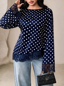 Veilorie 女款波點蕾絲拼接休閒百搭日常穿著襯衫 - 藏蓝色 - 查看 6