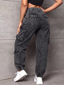 SHEIN SXY 女款休閒日常牛仔褲，附口袋與鈕扣設計 - 灰色 - 查看 2