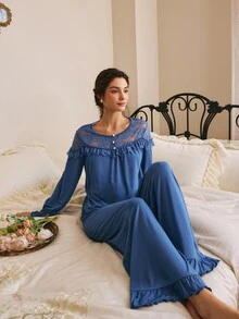 Côtesoire Women's French Elegant Lace Patchwork Long Sleeve Long Pants Pajama Set - Teal Blue - View 1