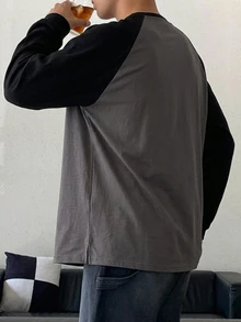 DAZY 春秋款黑色與深灰色拼接配色韓式男士長袖落肩袖T恤 - 深灰色 - 查看 2