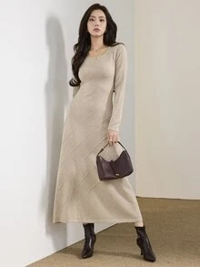 Heiryn Women's Solid Color Round Neck Long Sleeve Casual Knit Dress - Khaki - View 4