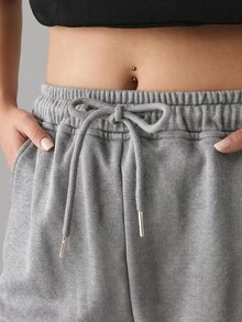 YARNWELL Plus Size Women's Solid Color Drawstring Waist Pocket Cuffed Casual Sweatpants - Grey - View 4