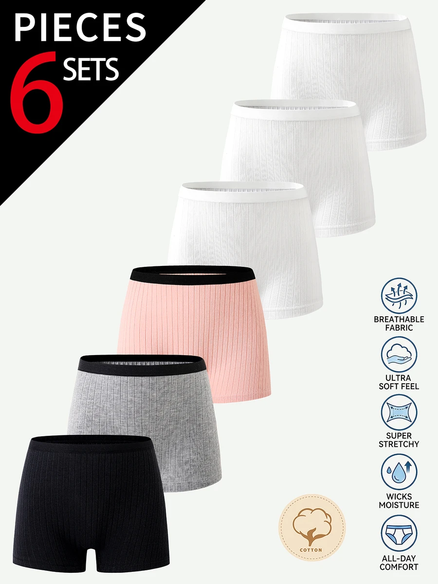 6pcs/Multi-Pack Women's Teen Simple Fashion Solid Color Traceable Cotton Square Hipster Panties - Multicolor - View 1