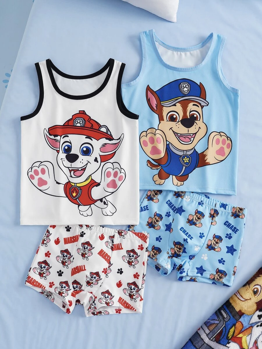 SHEIN | PAW Patrol 4pcs Young Boy Tank Top & Boxer Shorts Set, Blue & White, Cute & Adorable - Multicolor - View 1