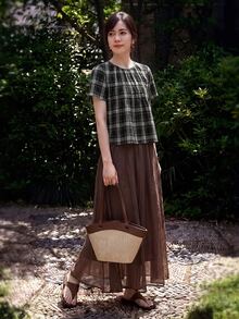 Yumoku 休閒復古 70 年代女款夏季格子短袖襯衫 早午餐穿搭 黑白格紋 - 黑色 - 查看 5
