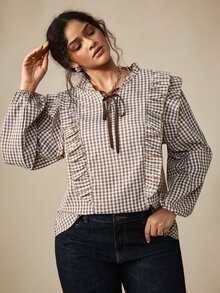 Nubod Plus Size Spring/Autumn Vintage Plaid Country Style Romantic French Inspired Round Neck Tie Front Drawstring Chest Shoulder Patchwork Ruffle Lace Puff Sleeve Long Sleeve Blouse - Brown - View 5