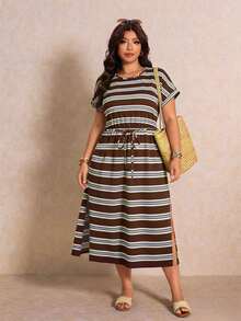 Elaquor Casual Pattern Plus Size Round Neck Short Sleeve Dress, Suitable For Spring And Summer - Multicolor - View 4