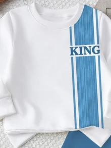 1套幼兒休閒運動衫套裝，拼色垂直條紋 KING 字母印花，圓領長袖標準肩，上衣配藍白垂直條紋紋理圖案，褲子配對應字母印花，適合外出、幼兒園、日常穿著、拍照，簡約拼色設計，男嬰秋季運動套裝 - 彩色 - 查看 4