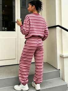Breezaya 2 Pieces Women's Loose Striped Crew Neck Drop Shoulder Sweatshirt And Striped Pants, Winter Set Fall - Multicolor - View 2