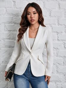 SHEIN PETITE 秋冬通勤穿著 綠色水果領單鈕扣黑色西裝外套 - 白色 - 查看 1