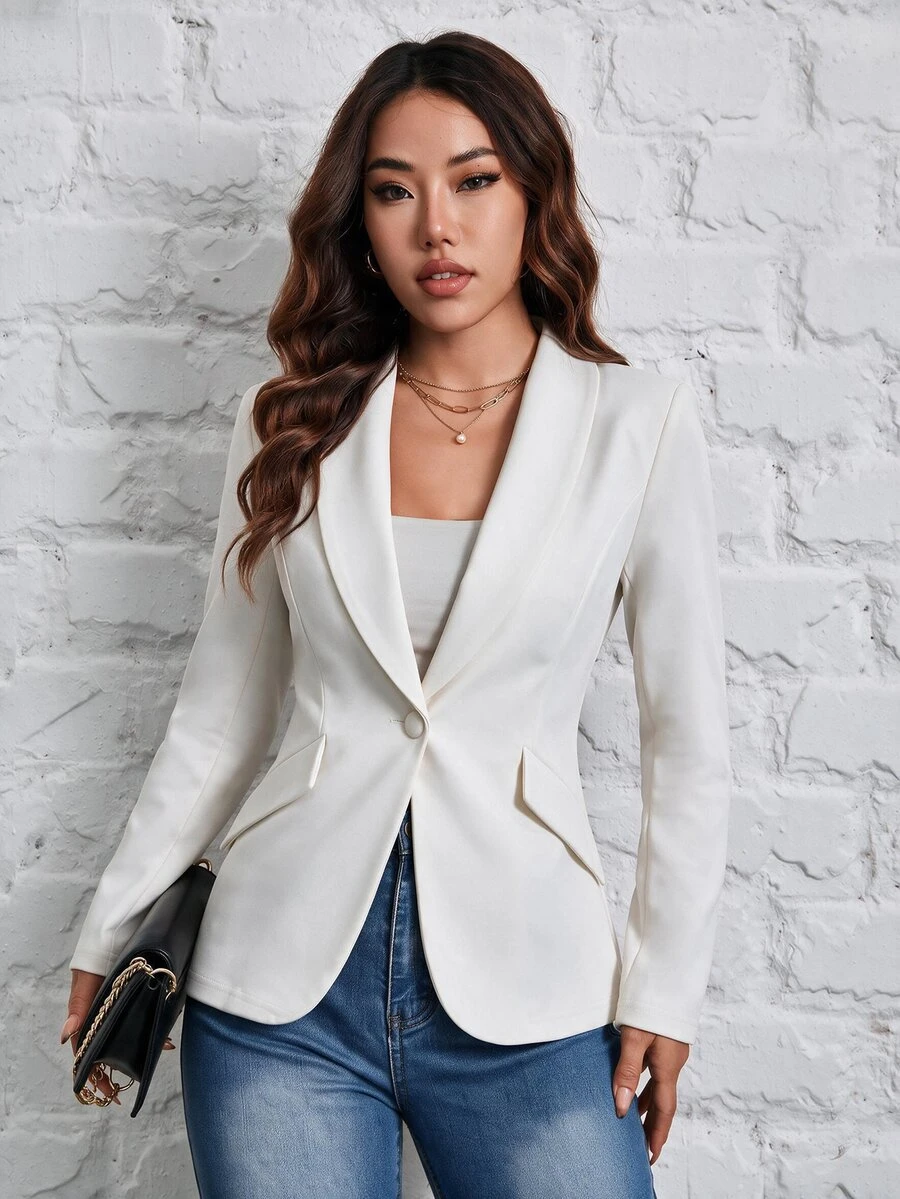 SHEIN PETITE 秋冬通勤穿著 綠色水果領單鈕扣黑色西裝外套 - 白色 - 查看 1