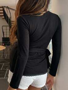 Dazy Maternity Contrast Lace Trim Fitted Asymmetric Tie-Up Long Sleeve Elastic Casual Daily Korean Style Versatile Spring Autumn Maternity T-Shirt - Black - View 2