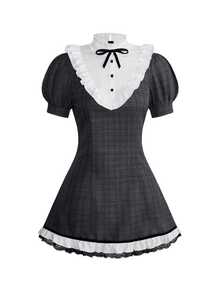 Sweetness Autumn/Winter Sweet Girl Grey Plaid Petal Sleeve Women's Mini Dress - Grey - View 1